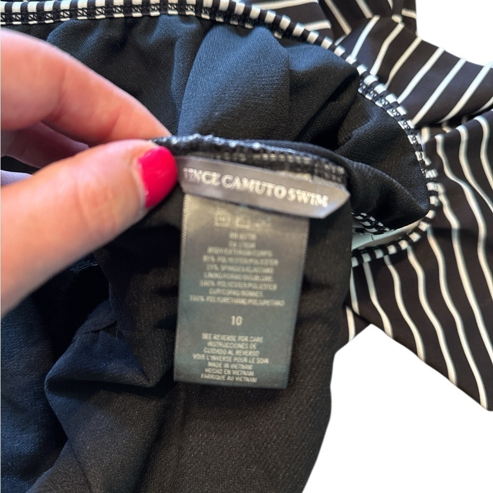 Vince Camuto Off-Shoulder Striped One Piece - Black and White - Picture 6 of 7